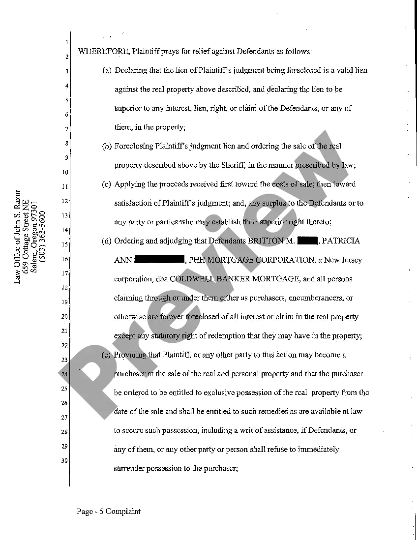Preview Complaint - Judicial Foreclosure of Judgment Lien