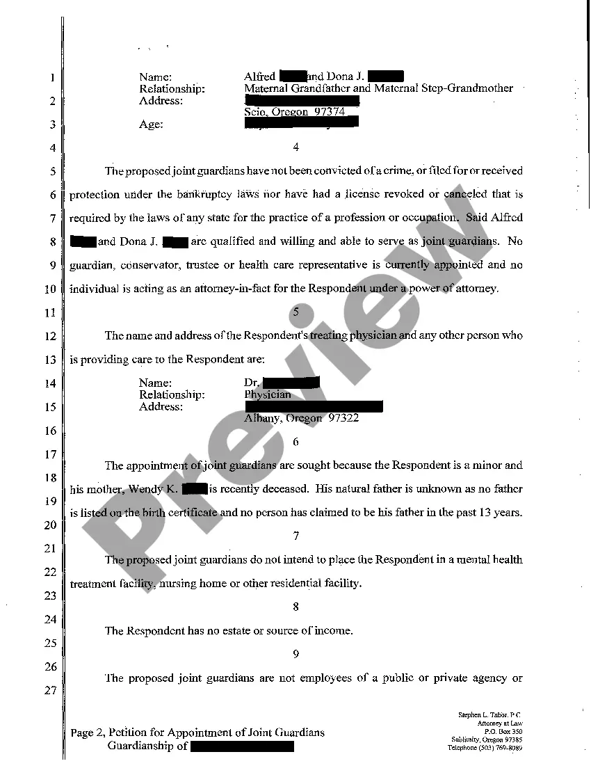 Preview A01 Petition for Appointment of Joint Guardianship of Minor