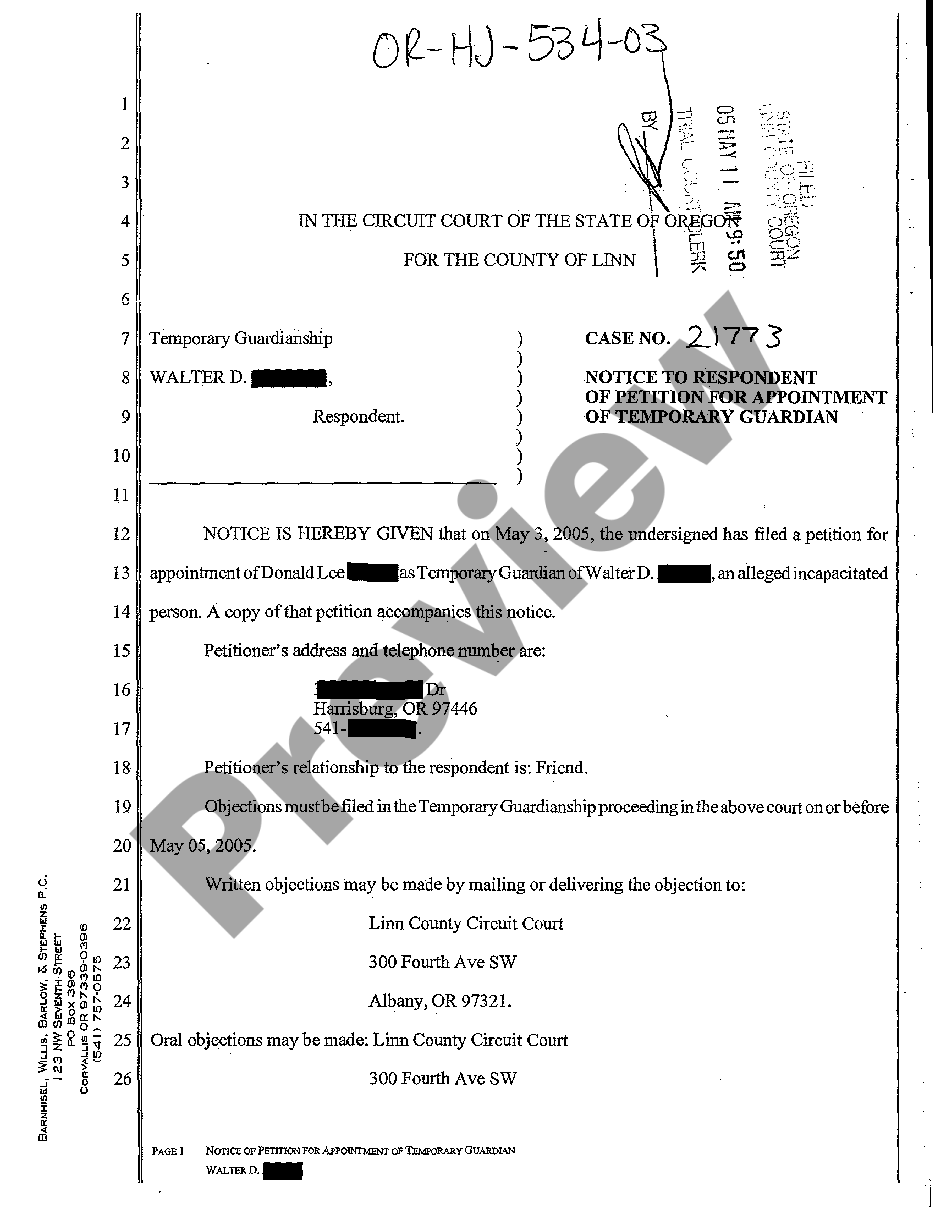 Oregon Notice to Respondent of Petition for Appointment of Temporary ...