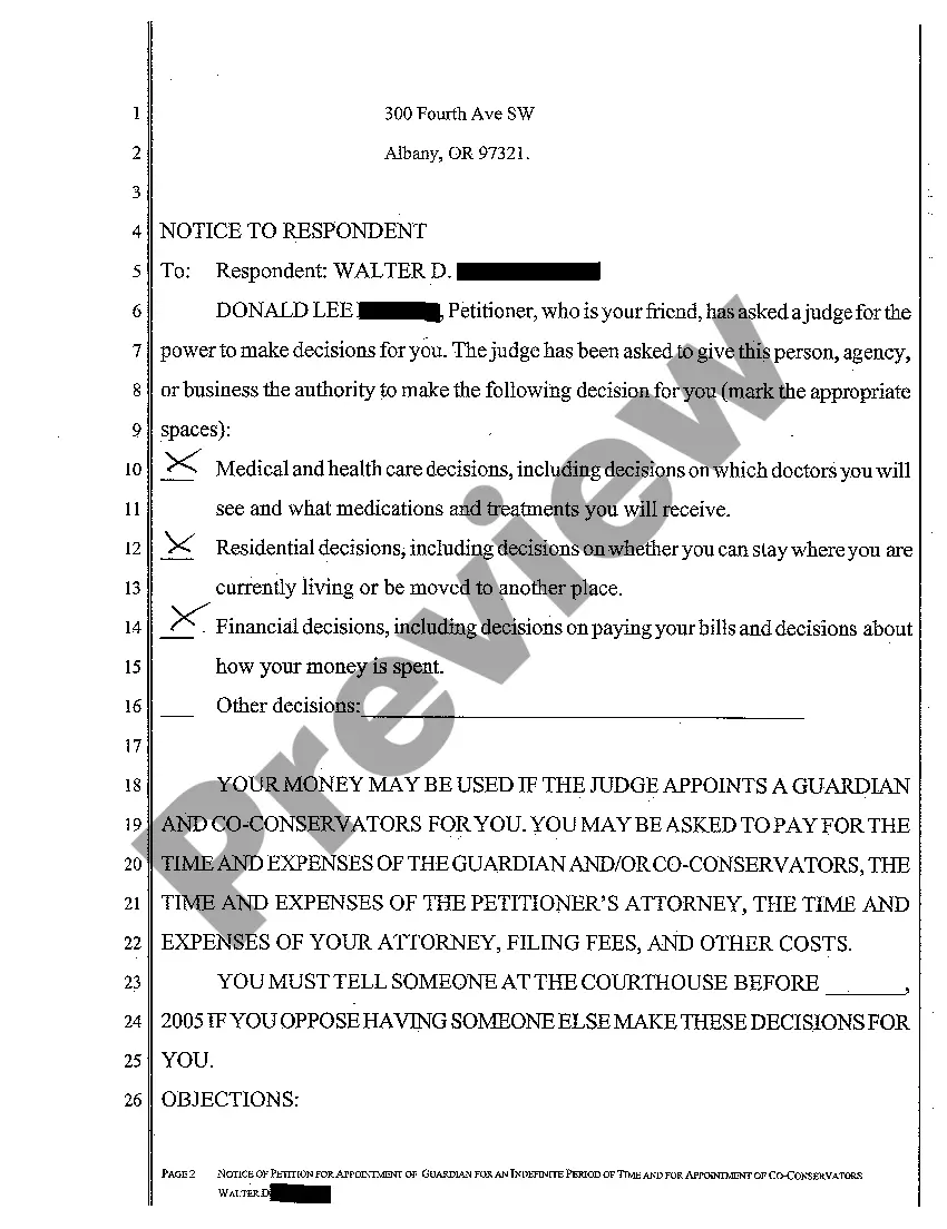 Get A08 Notice to Respondent of Petition for Appointment of Guardian for an Indefinite Time and for Appointment of Co-Conservators for an Adult Preview A08 Notice to Respondent of Petition for Appointment of Guardian for an Indefinite Time and for Appointment of Co-Conservators for an Adult