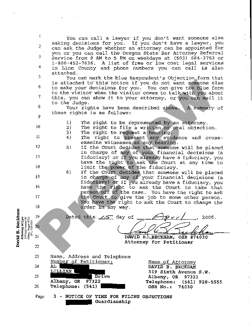 Preview A03 Notice of Time for Filing Objections to Appointment of Guardian