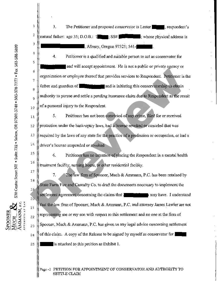 Get Petition for Appointment of Conservator and Authority to Settle Claim Preview Petition for Appointment of Conservator and Authority to Settle Claim