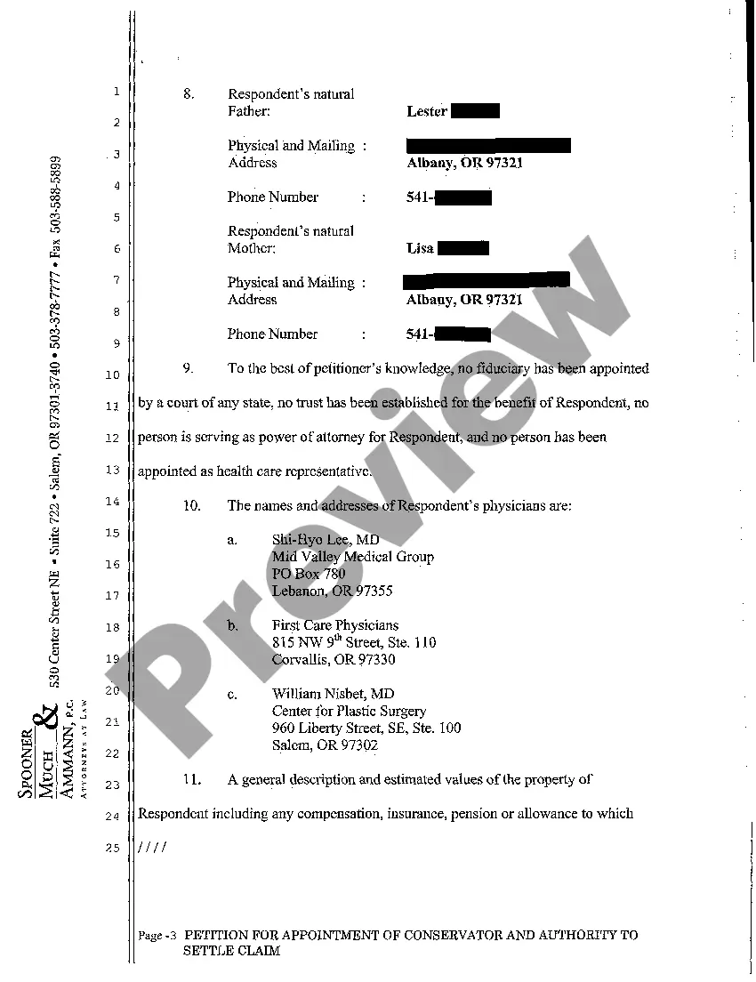 Get Petition for Appointment of Conservator and Authority to Settle Claim Preview Petition for Appointment of Conservator and Authority to Settle Claim