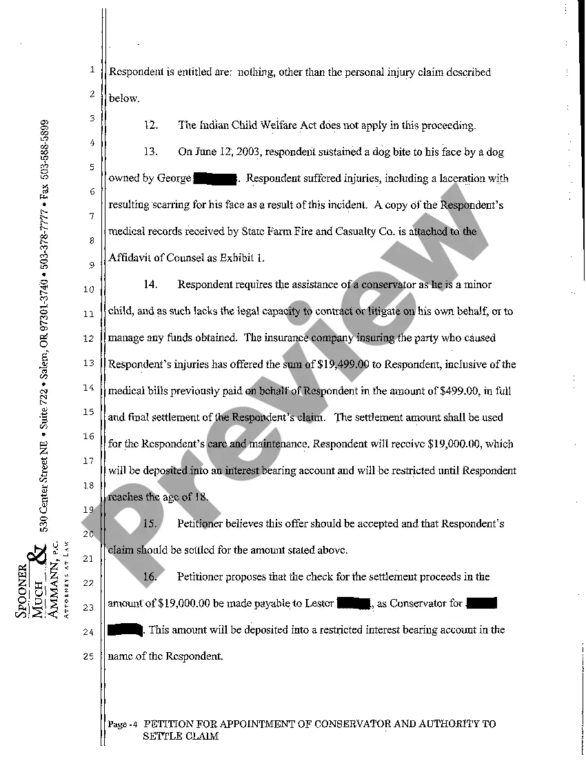 Get Petition for Appointment of Conservator and Authority to Settle Claim Preview Petition for Appointment of Conservator and Authority to Settle Claim