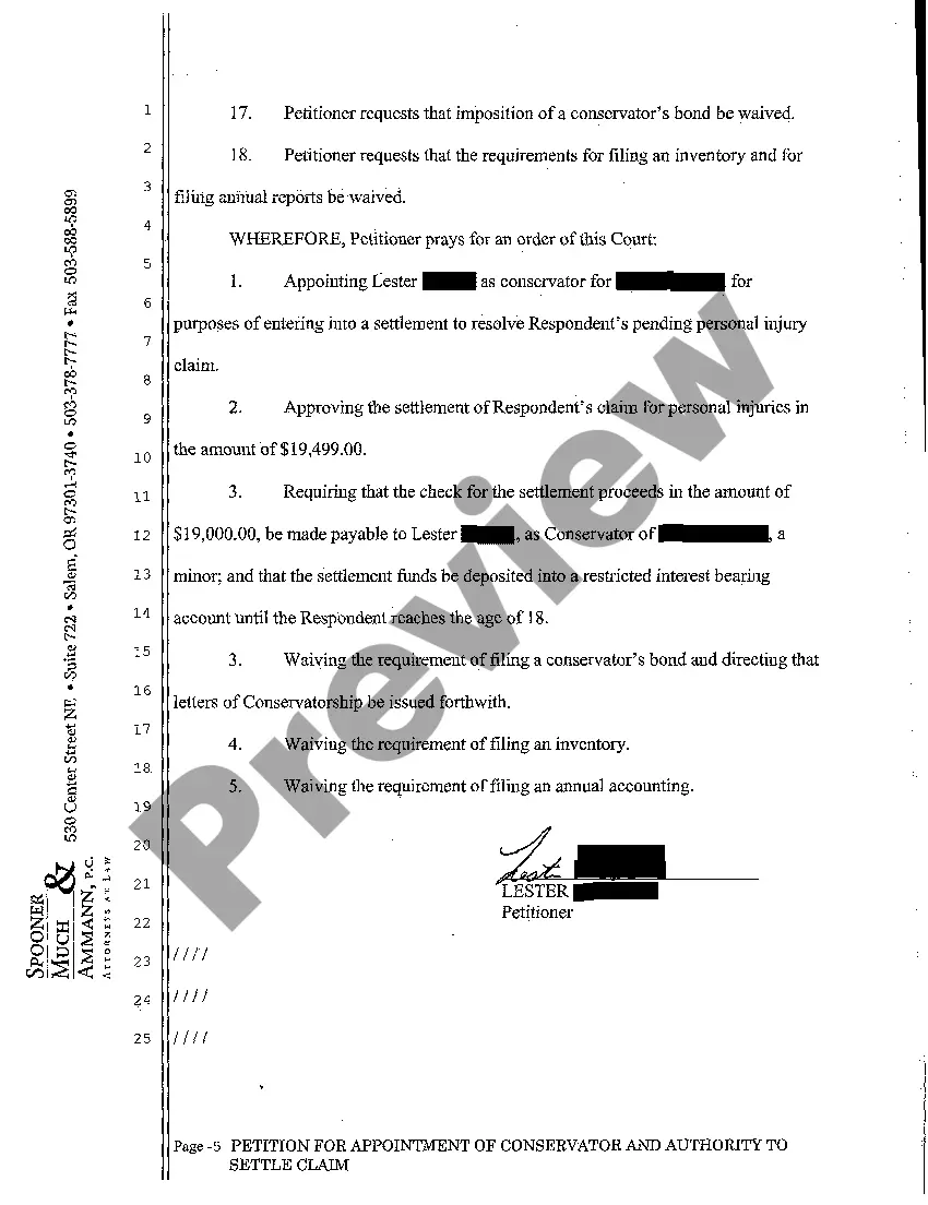 Get Petition for Appointment of Conservator and Authority to Settle Claim Preview Petition for Appointment of Conservator and Authority to Settle Claim