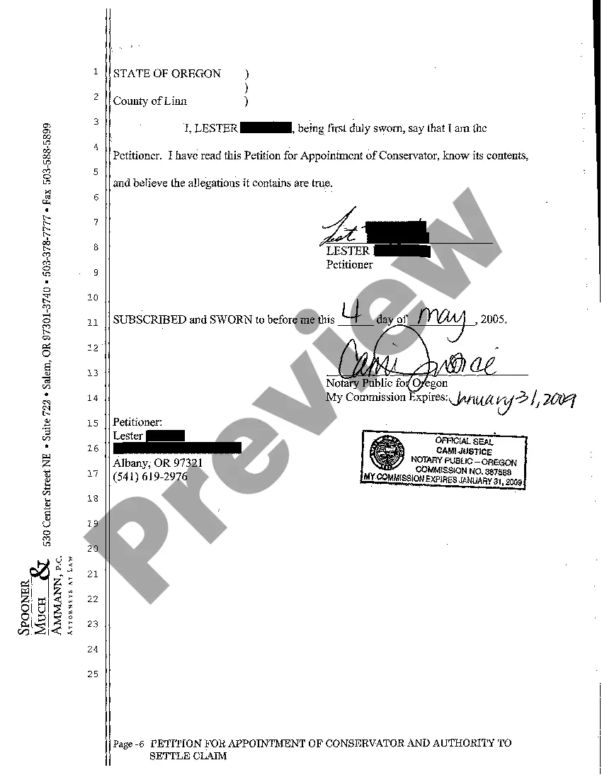 Get Petition for Appointment of Conservator and Authority to Settle Claim Preview Petition for Appointment of Conservator and Authority to Settle Claim