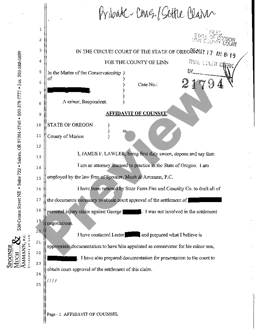 Get Petition for Appointment of Conservator and Authority to Settle Claim Preview Petition for Appointment of Conservator and Authority to Settle Claim