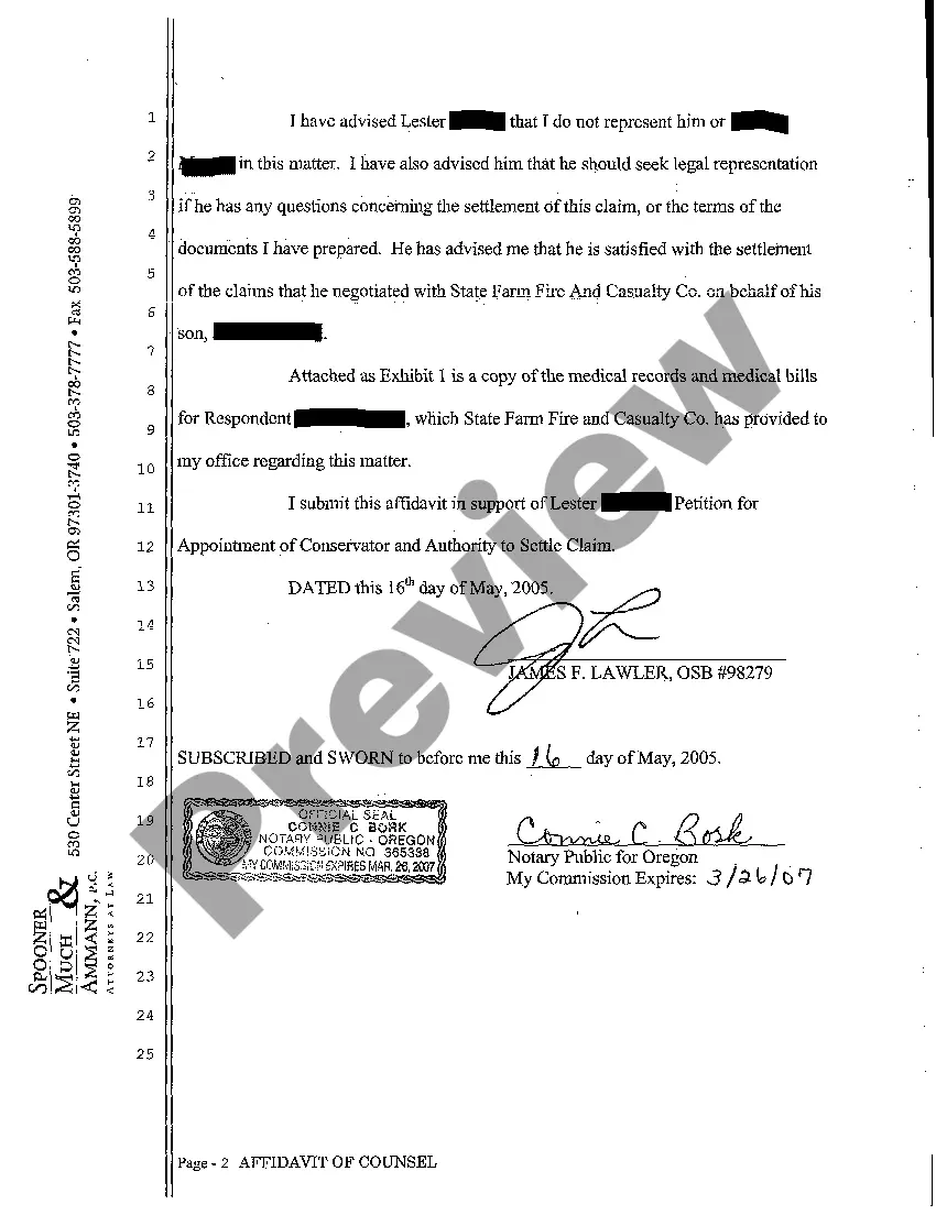 Get Petition for Appointment of Conservator and Authority to Settle Claim Preview Petition for Appointment of Conservator and Authority to Settle Claim