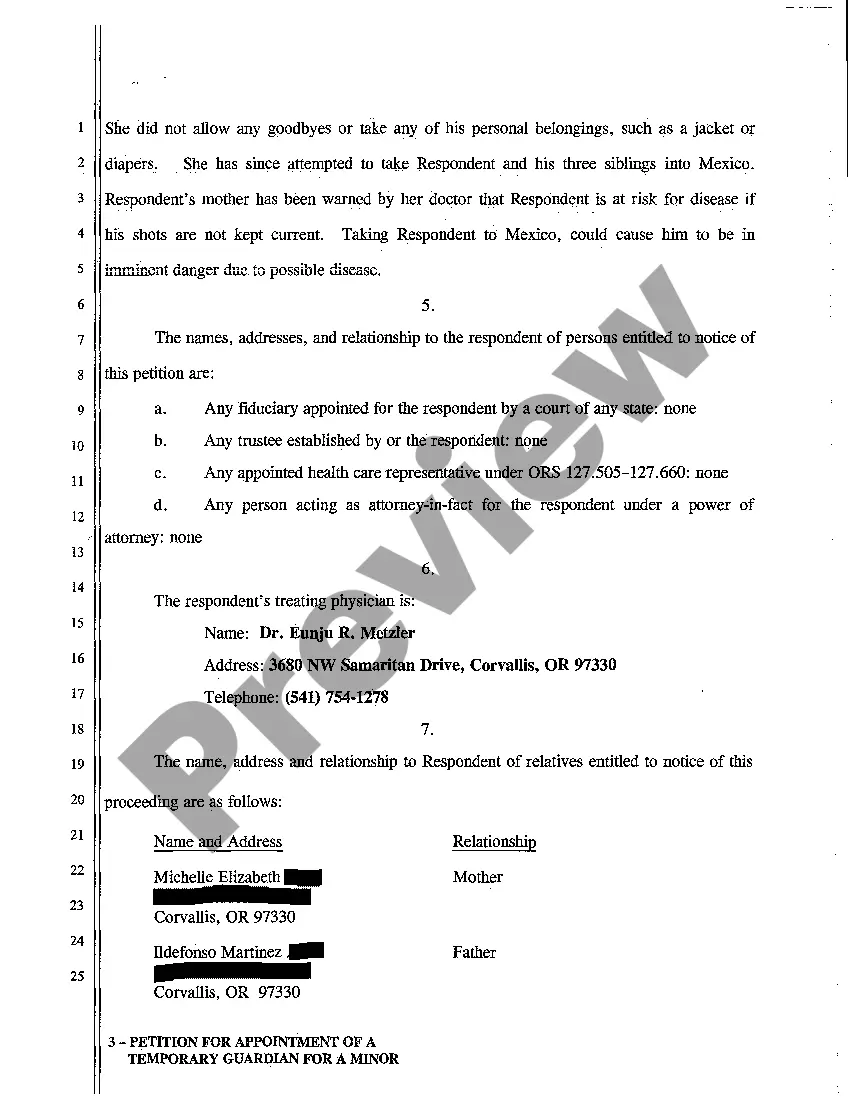 Preview A01 Petition for Appointment of a Temporary Guardian for a Minor