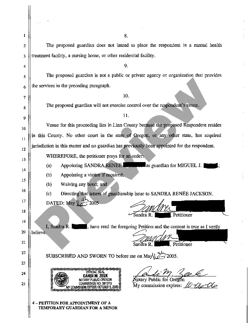 Preview A01 Petition for Appointment of a Temporary Guardian for a Minor
