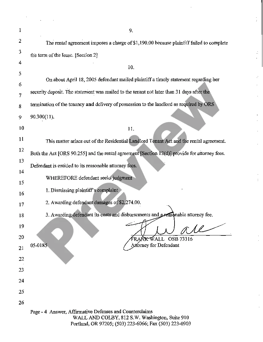 Preview A03 Answer, Affirmative Defenses and Counterclaim