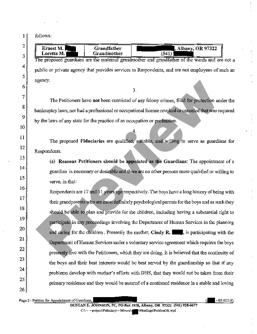 Preview A01 Petition for Appointment of Guardians of a Minor for an Indefinite Period