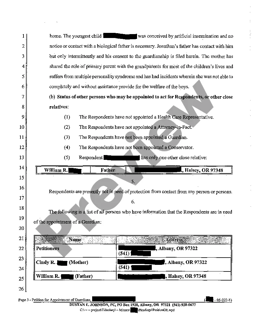 Preview A01 Petition for Appointment of Guardians of a Minor for an Indefinite Period