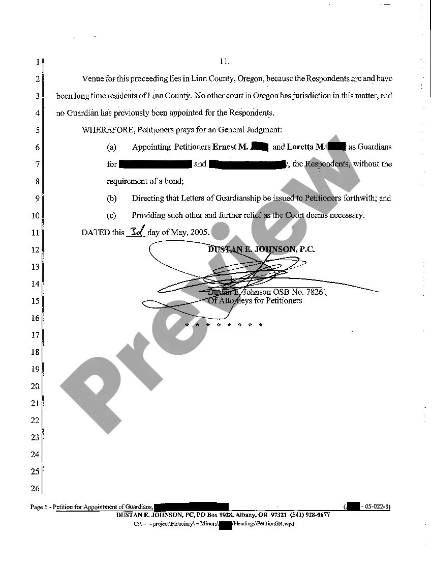 Preview A01 Petition for Appointment of Guardians of a Minor for an Indefinite Period