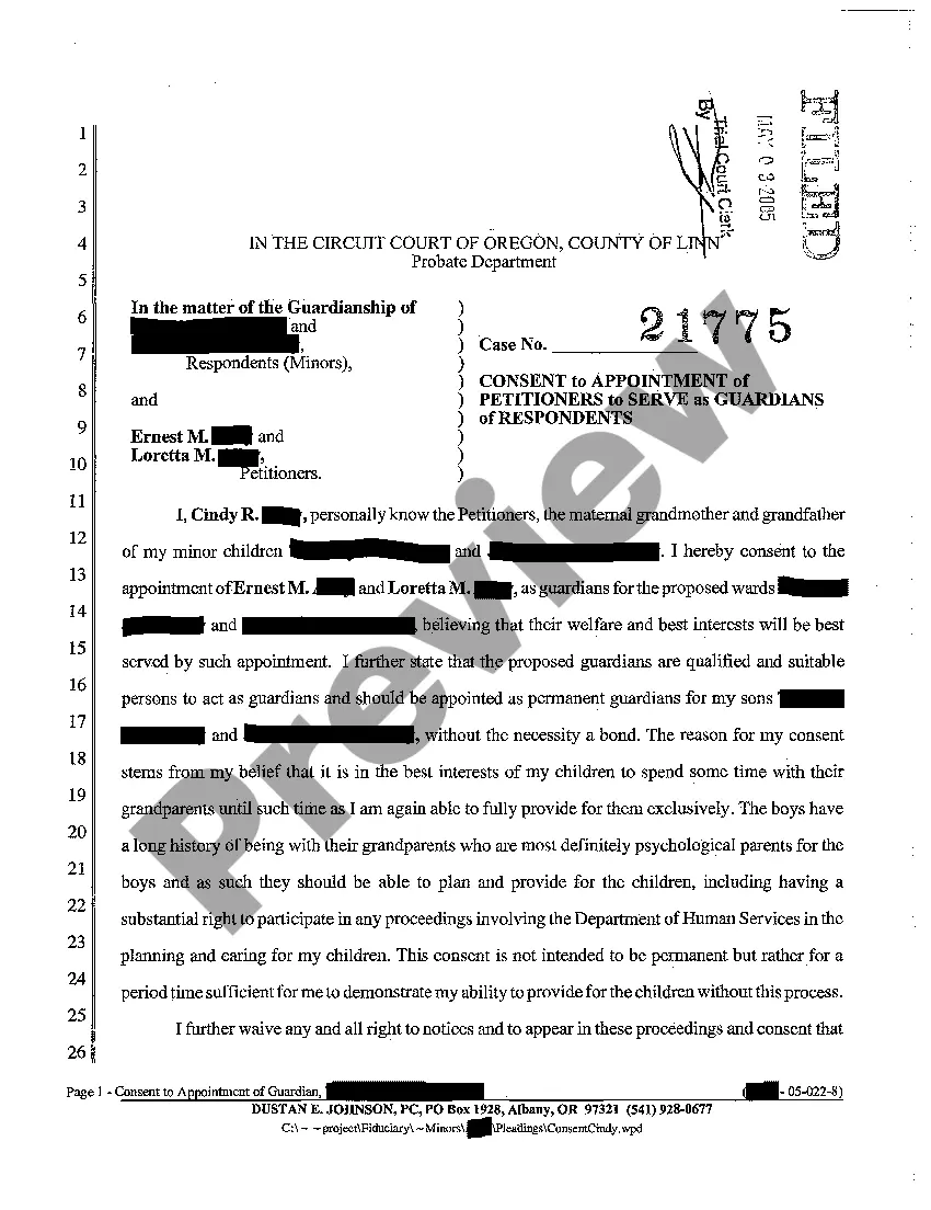 Preview A02 Consent to Appointment of Petitioners to Serve as Guardians of Respondent By Biological Parents