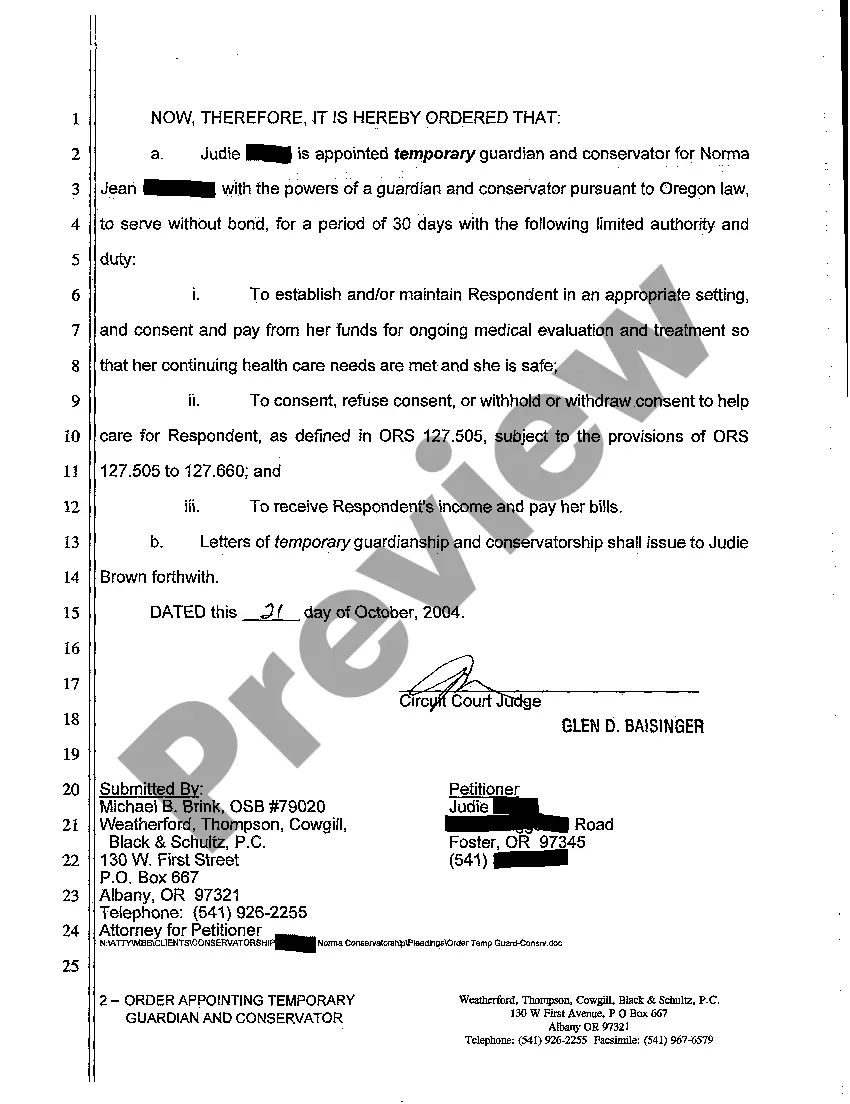 Preview A02 Order Appointing Temporary Guardian Conservator of Adult