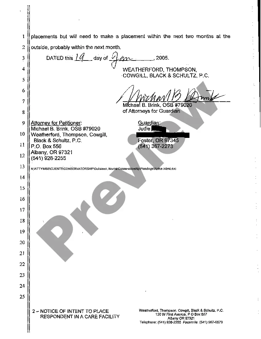 Preview A11 Notice of Intent to Place Respondent in a Care Facility