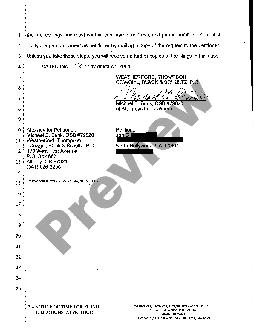 Preview A02 Notice of Time For Filing Objections to Petition for Trust Accounting