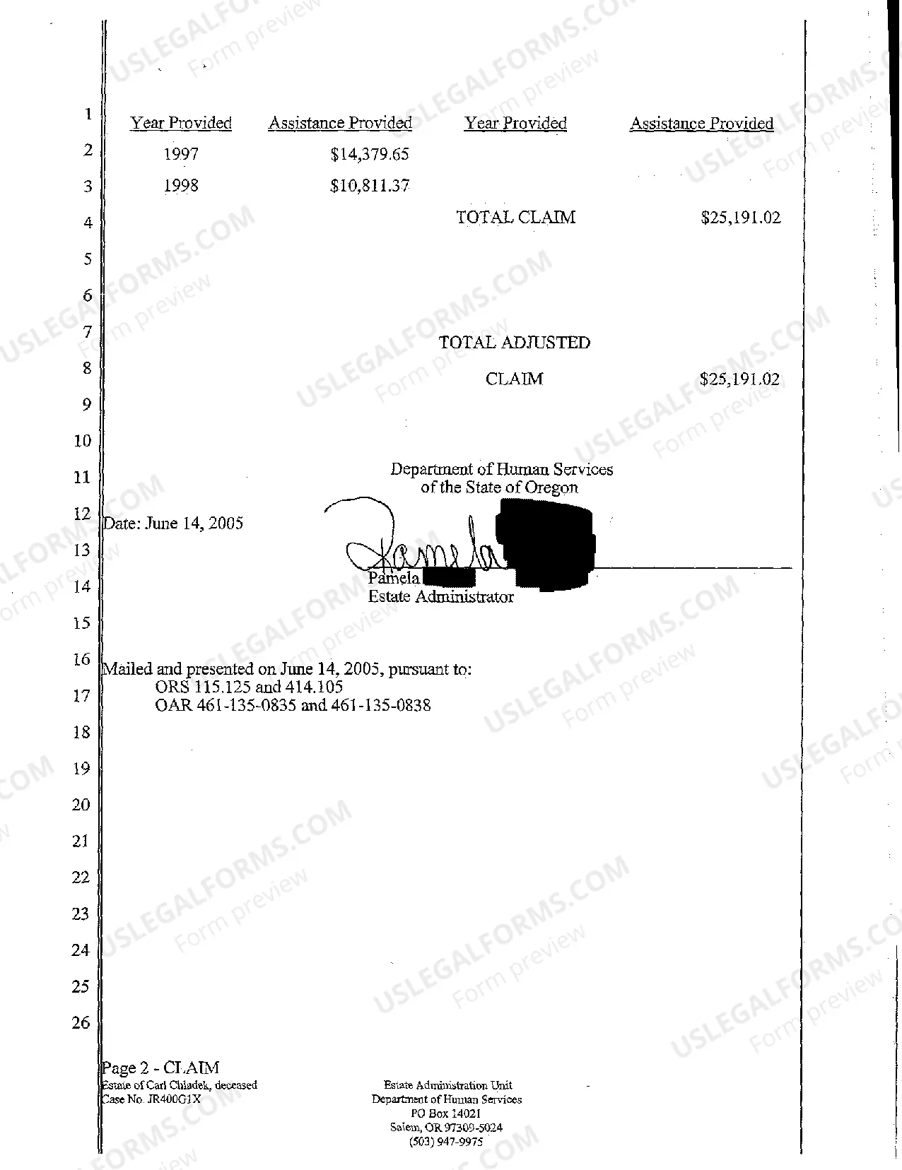 Preview Claim Against Deceased Estate for Reimbursement of Services Rendered