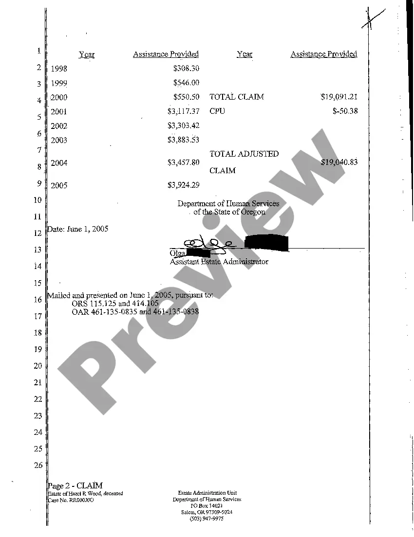 Get A01 Claim Against Estate of Deceased for Reimbursement of Services Rendered Preview A01 Claim Against Estate of Deceased for Reimbursement of Services Rendered