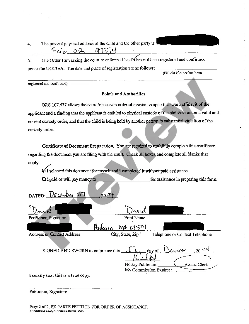 Preview Ex Parte Petition for Order of Assistance