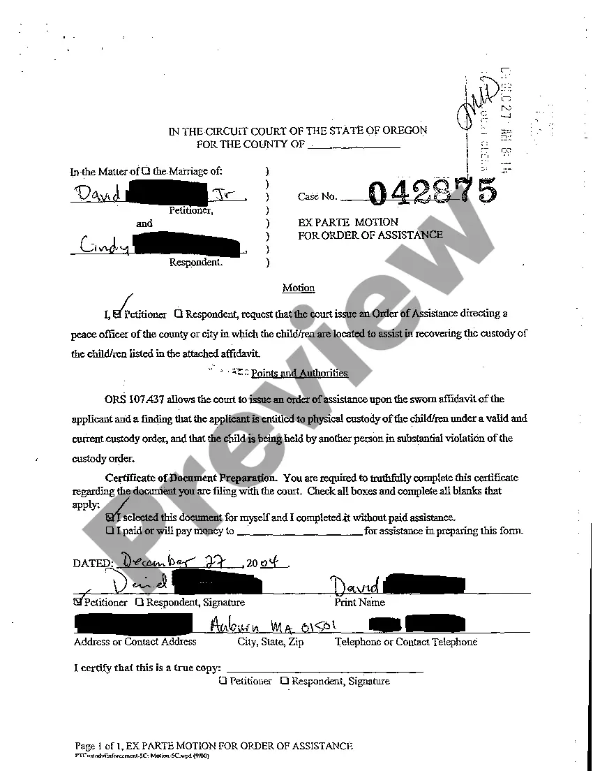 Preview Ex Parte Petition for Order of Assistance