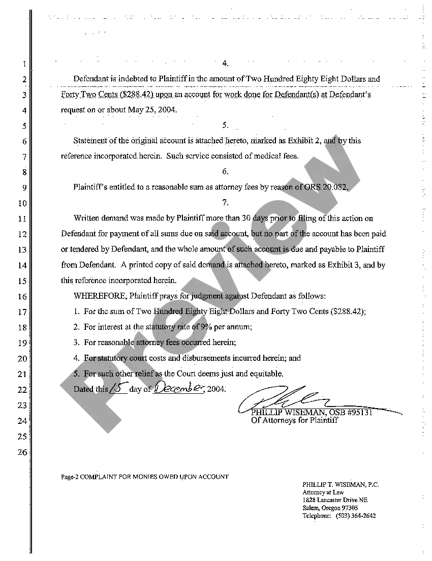 Preview Complaint for Monies Owed Upon Account