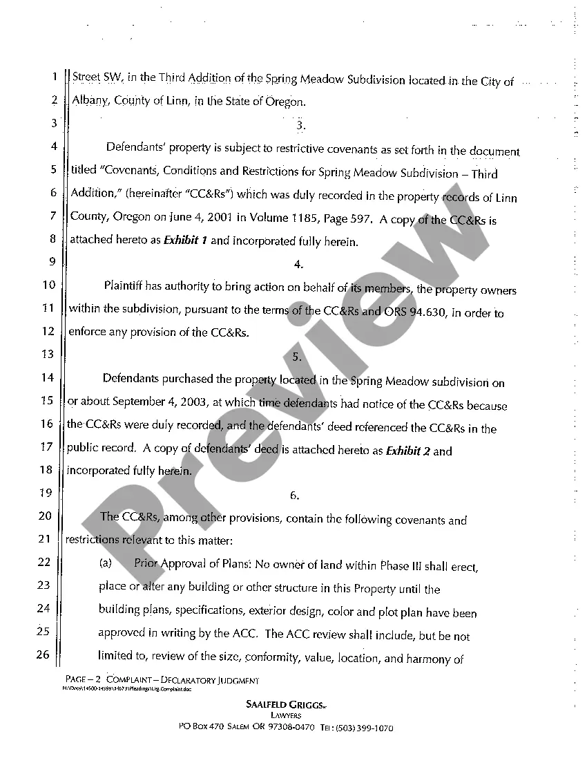 Get Complaint Declaratory Judgment (Breach of Covenants, Conditions and Restrictions) Preview Complaint Declaratory Judgment (Breach of Covenants, Conditions and Restrictions)