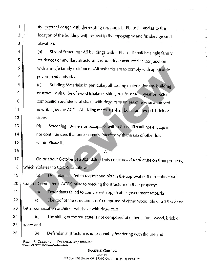 Get Complaint Declaratory Judgment (Breach of Covenants, Conditions and Restrictions) Preview Complaint Declaratory Judgment (Breach of Covenants, Conditions and Restrictions)