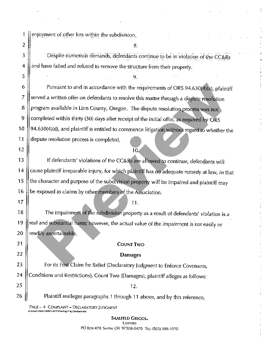 Get Complaint Declaratory Judgment (Breach of Covenants, Conditions and Restrictions) Preview Complaint Declaratory Judgment (Breach of Covenants, Conditions and Restrictions)