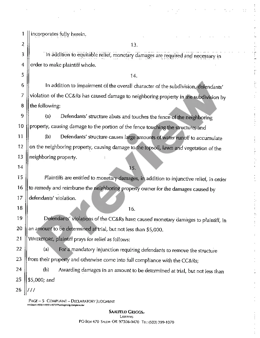 Get Complaint Declaratory Judgment (Breach of Covenants, Conditions and Restrictions) Preview Complaint Declaratory Judgment (Breach of Covenants, Conditions and Restrictions)