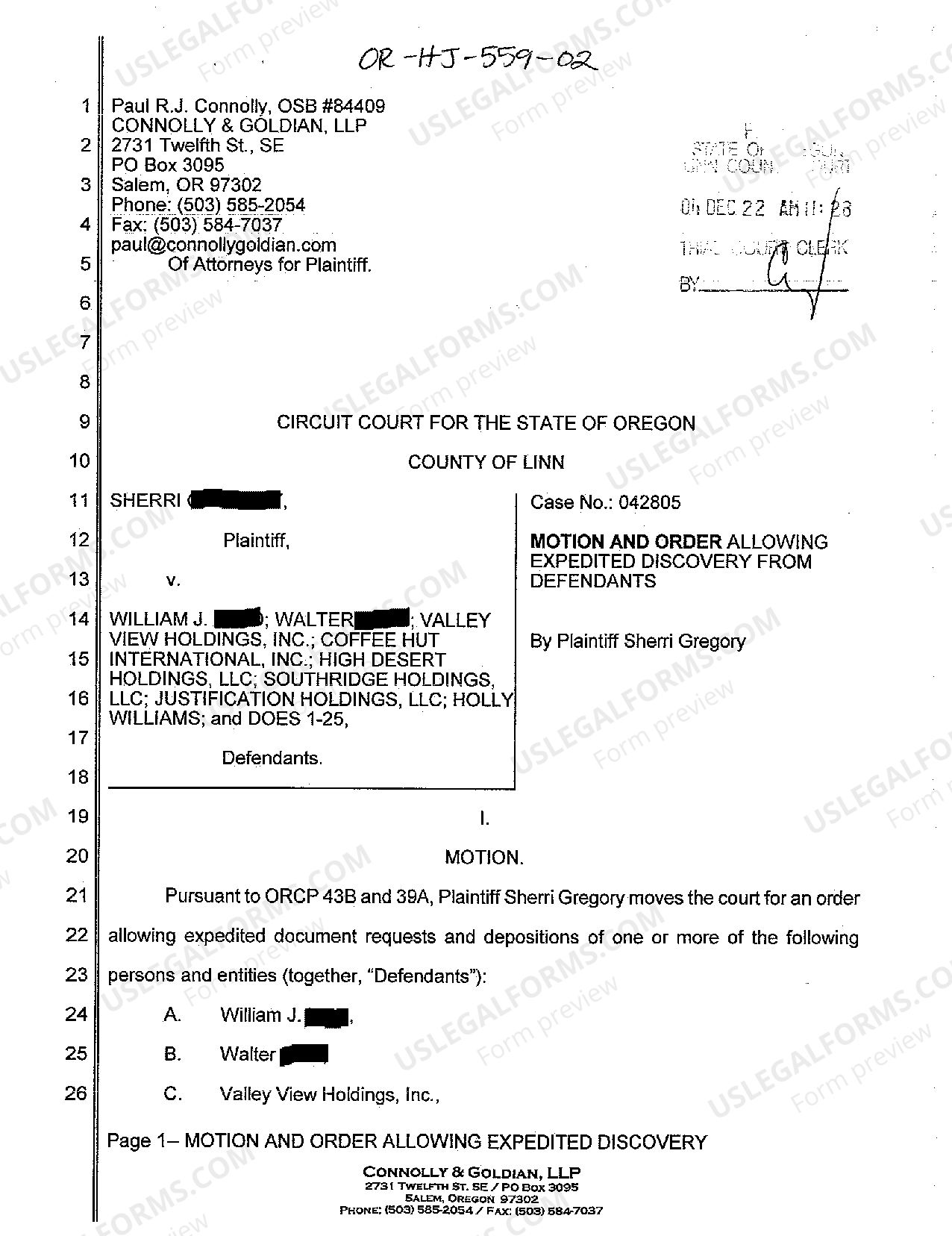 Oregon Motion and Order Allowing Expedited Discovery from Defendants
