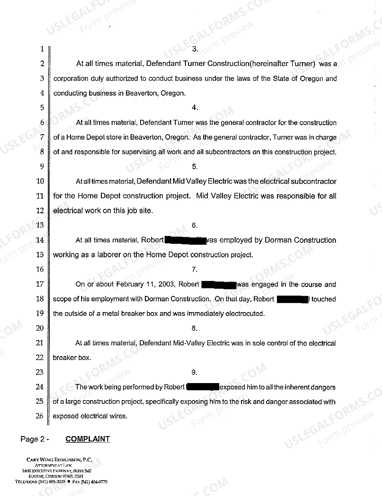 Preview A01 Complaint - Employer Liability Law, Negligence