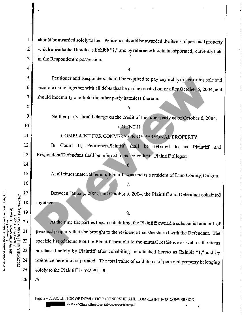 Get A01 Dissolution of Domestic Partnership and Complaint for Conversion Preview A01 Dissolution of Domestic Partnership and Complaint for Conversion