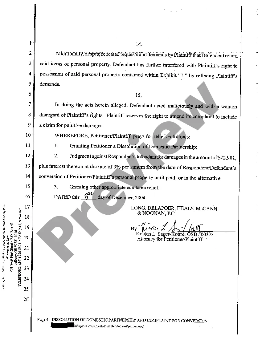 Get A01 Dissolution of Domestic Partnership and Complaint for Conversion Preview A01 Dissolution of Domestic Partnership and Complaint for Conversion