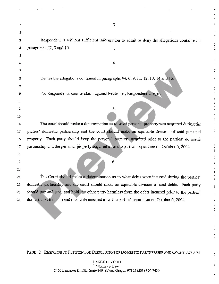 Preview A03 Response to Petition for Dissolution of Domestic Partnership and Complaint for Conversion and Counterclaim