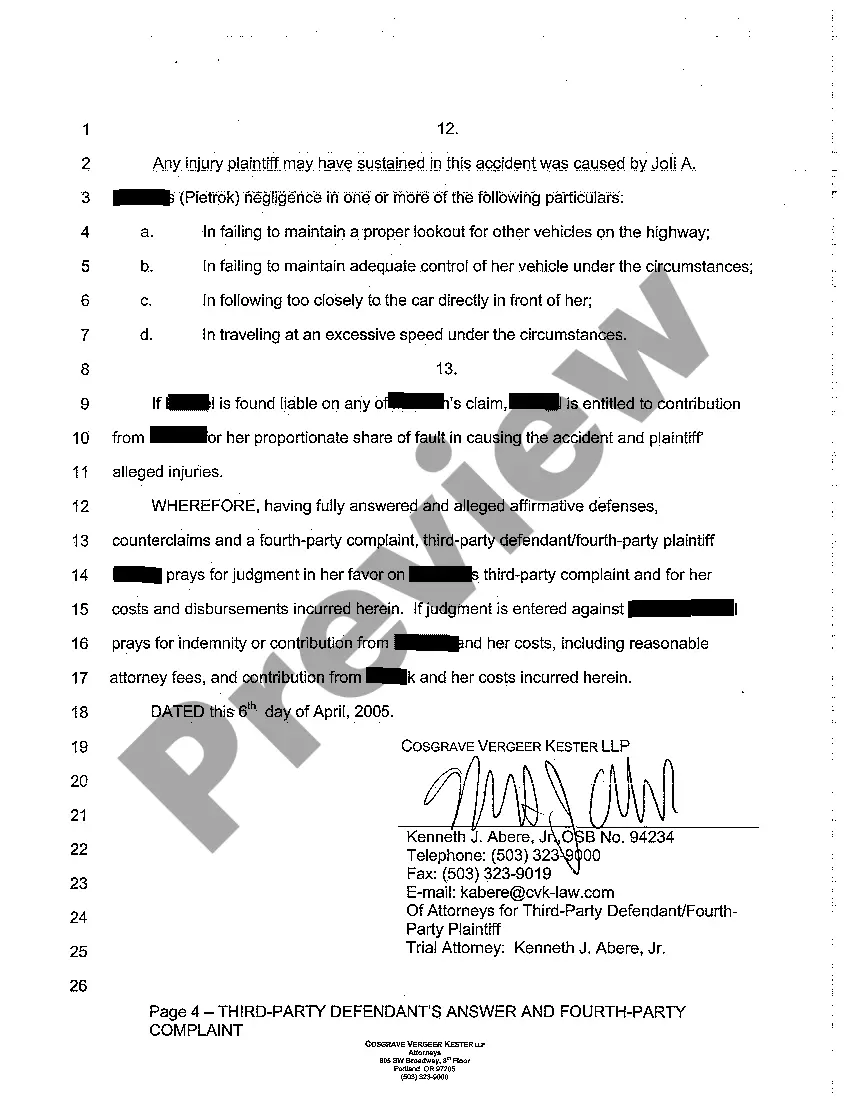 Get A03 Third-Party Defendant's Answer and Fourth - Party Complaint Preview A03 Third-Party Defendant's Answer and Fourth - Party Complaint