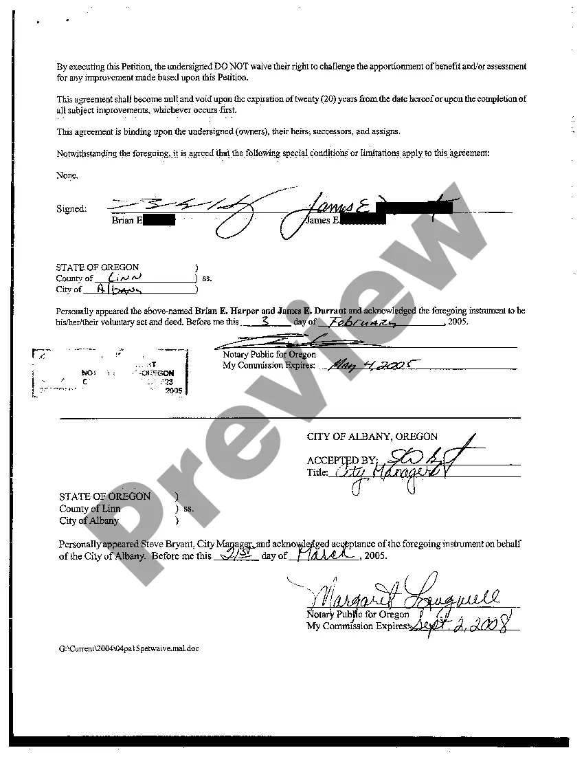 Preview Petition for Improvements and Waiver of Remonstrance Agreement