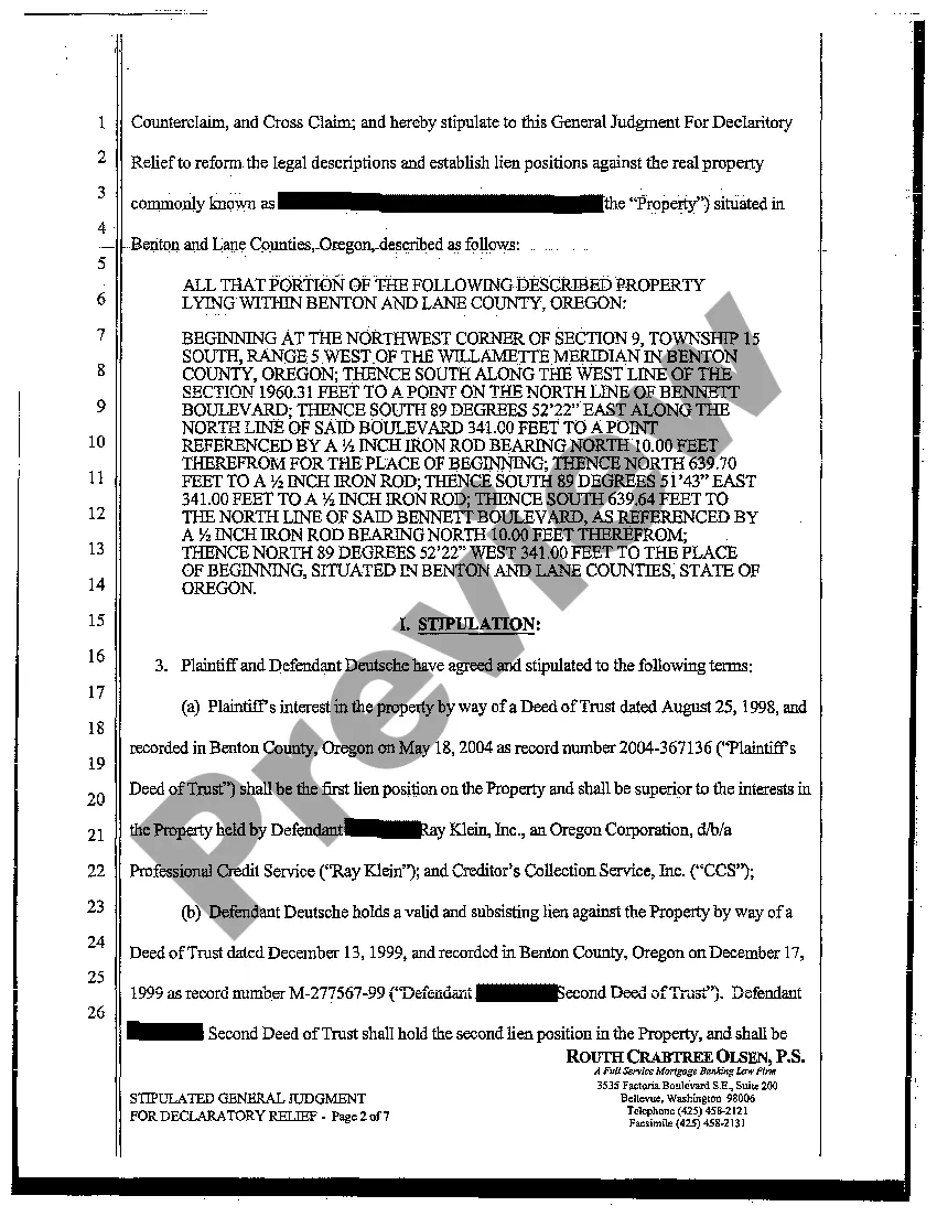 Preview Stipulated General Judgment for Declaratory Relief to Reform Legal Description and Establish Lien Positions