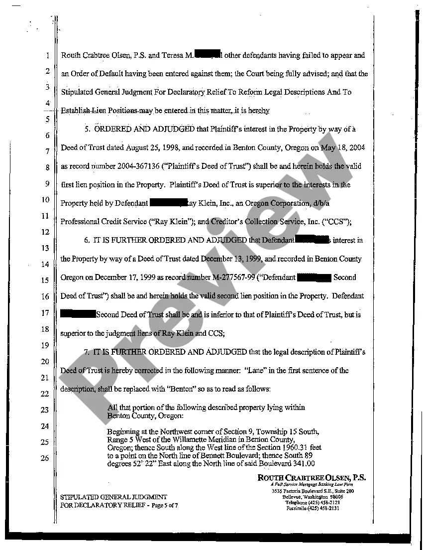 Preview Stipulated General Judgment for Declaratory Relief to Reform Legal Description and Establish Lien Positions