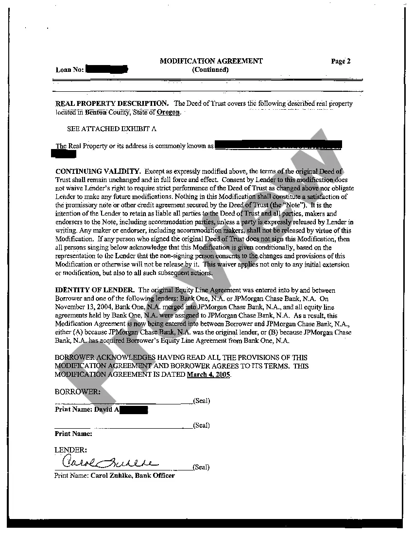 Preview Modification Agreement decreasing Line of Credit