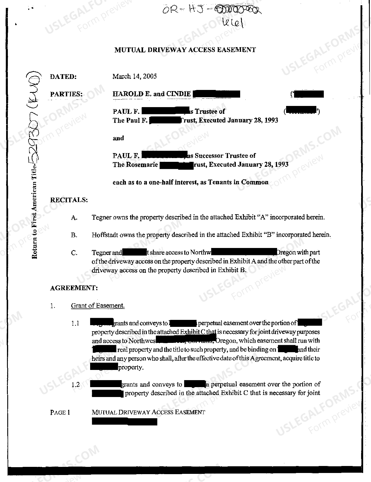 Oregon Mutual Driveway Access Easement | US Legal Forms