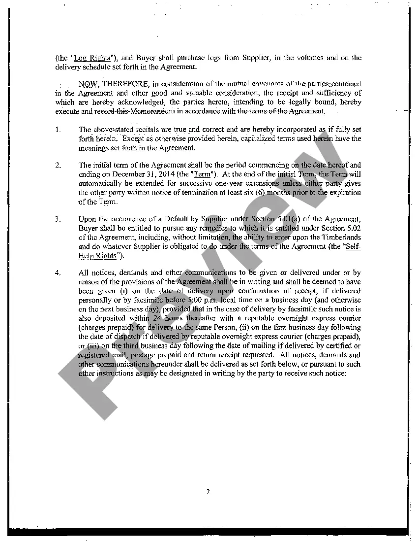 Get Memorandum of Log Supply Agreement Preview Memorandum of Log Supply Agreement