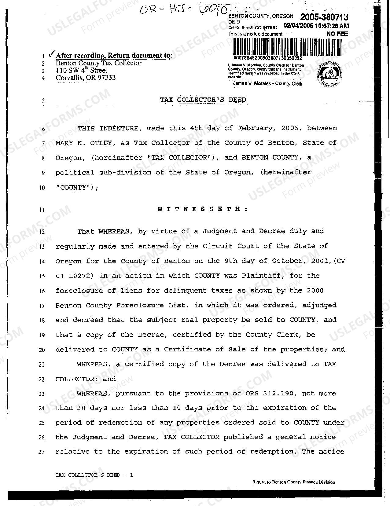 Oregon Tax Collector's Deed US Legal Forms