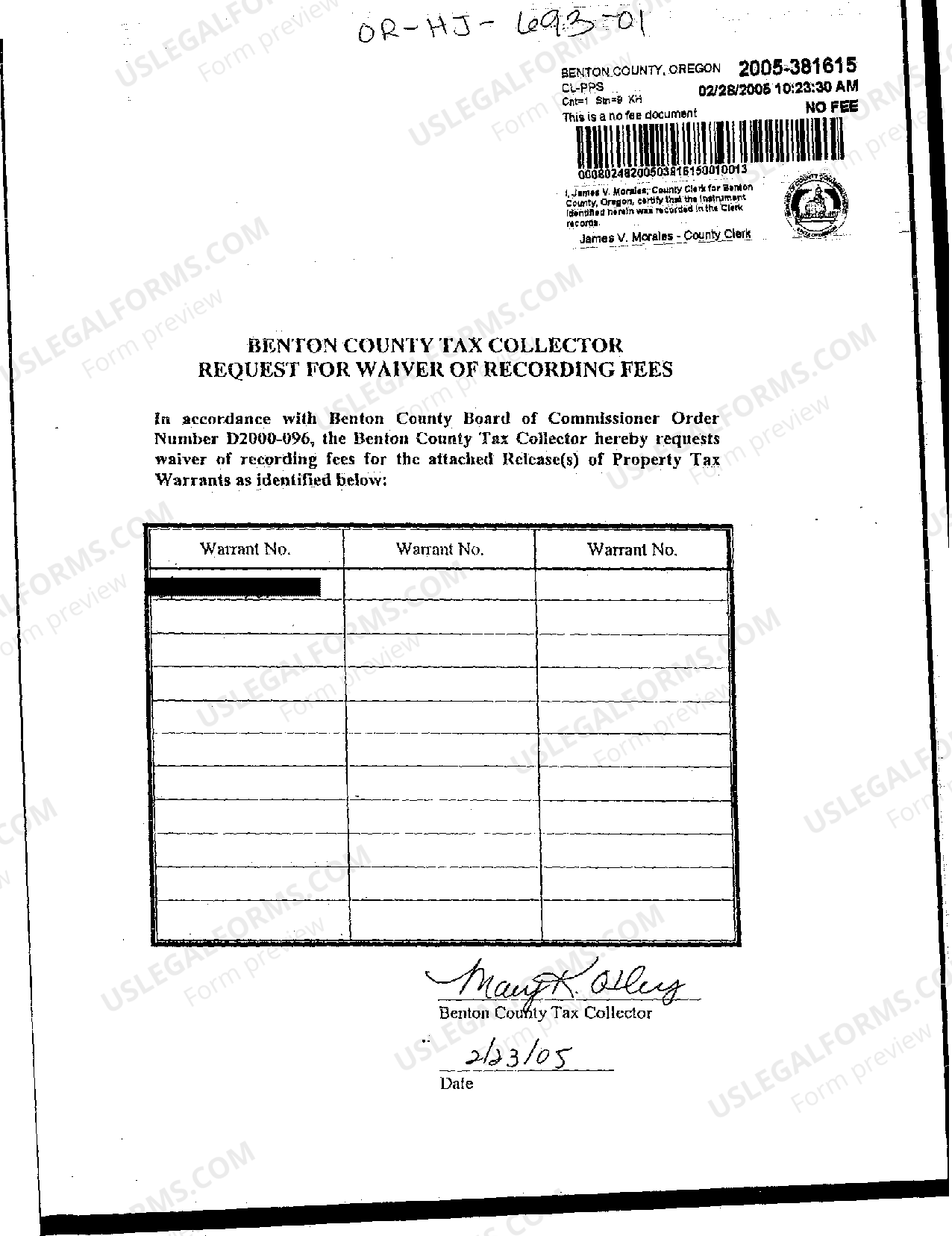 Bend Oregon Tax Collector Request for Waiver of Recording Fees US