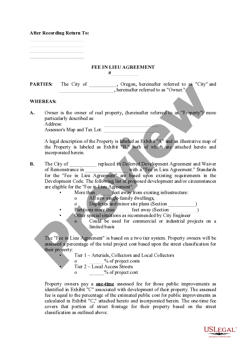 portland-oregon-fee-in-lieu-of-agreement-us-legal-forms