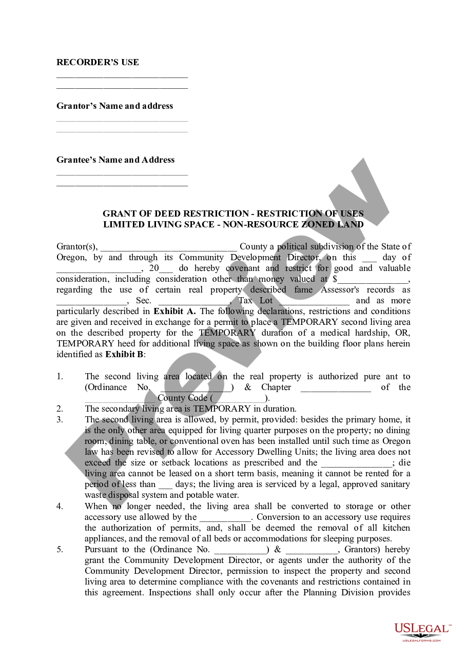 Oregon Grant of Deed Restriction – Restriction of Uses Limited Living ...