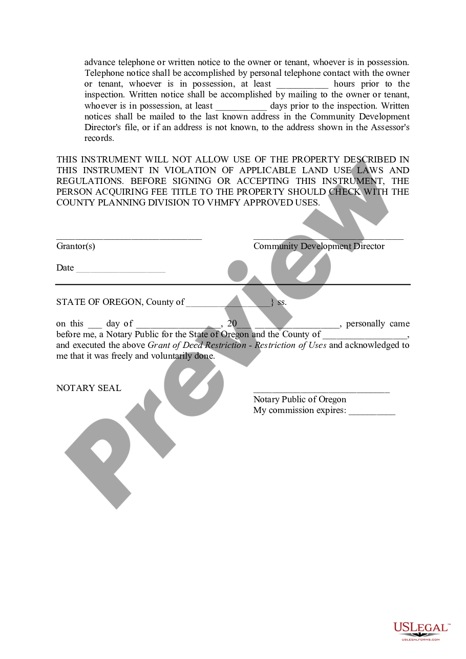 Oregon Grant of Deed Restriction – Restriction of Uses Limited Living ...