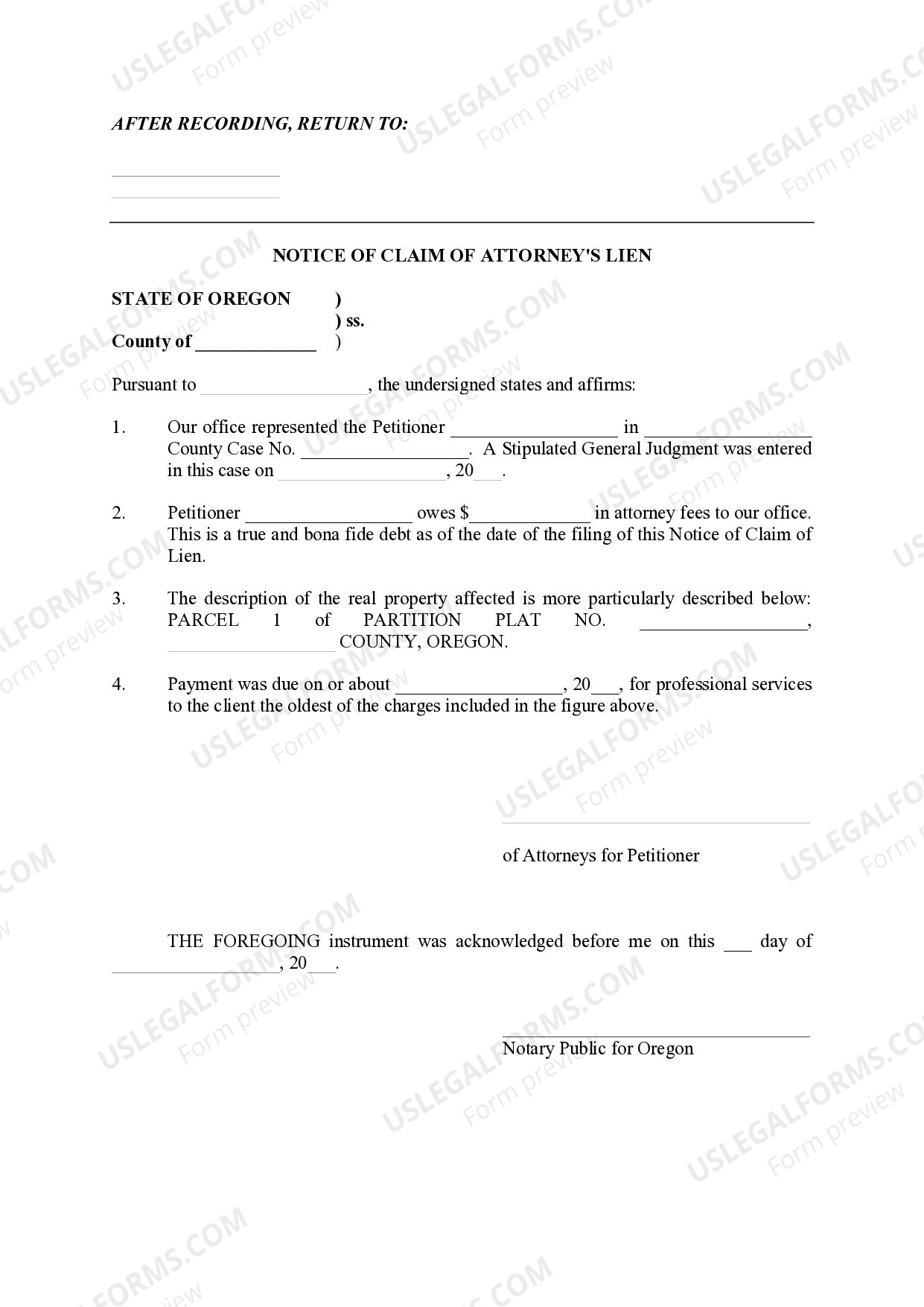 Oregon Notice of Claim of Attorney’s Lien US Legal Forms