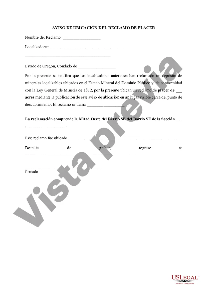 Preview Aviso de ubicación del reclamo de Placer